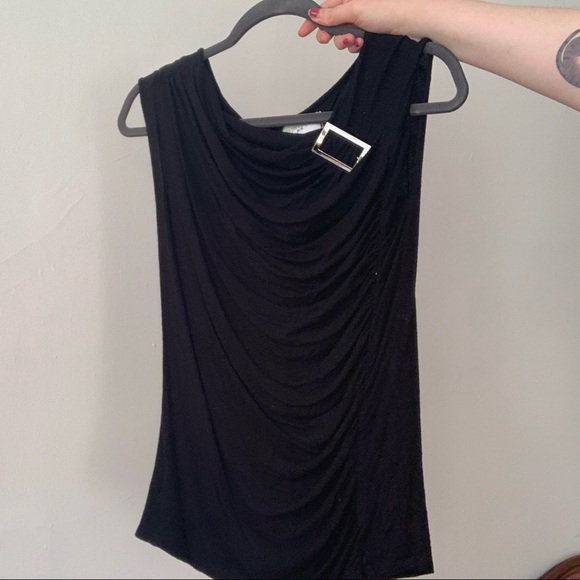 vintage black cowl neck top w silver buckle - S-M - Picture 2 of 3